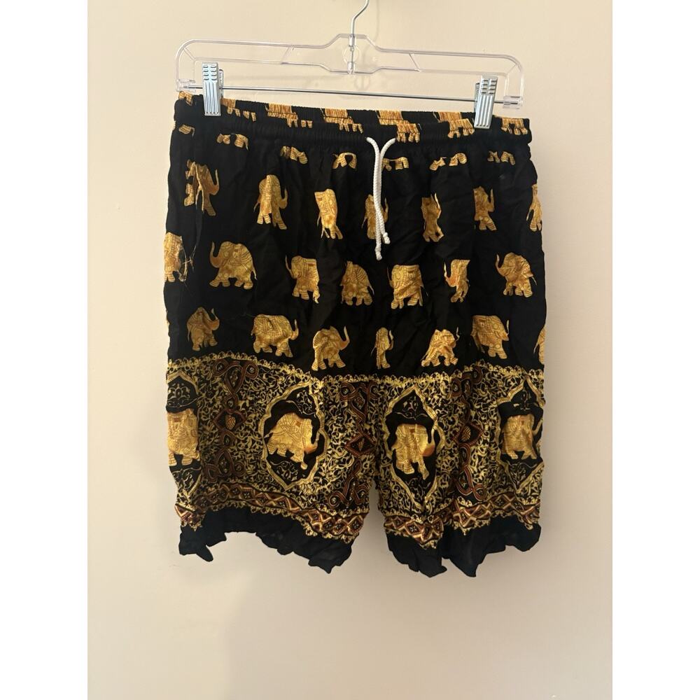 Men’s Elephant Print Shorts M/L Stretch Waist Black Gold Boho Festival Lounge